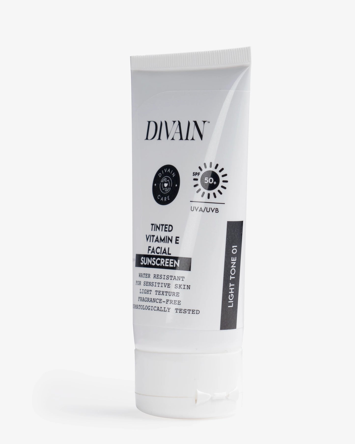 Divain Care 50ml bottle of facial sunscreen with clear tint