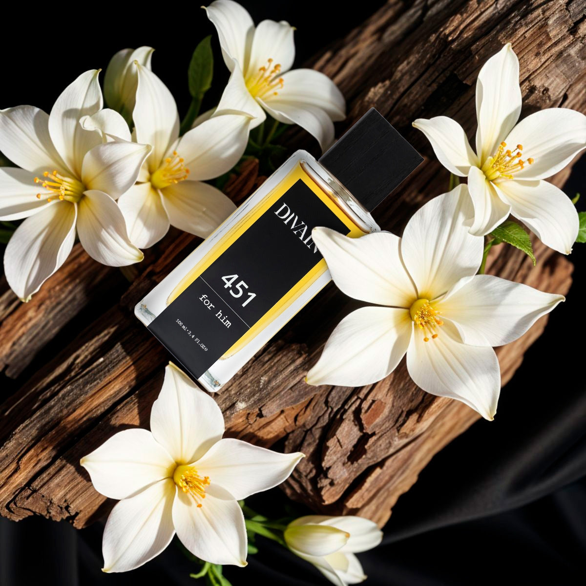 Perfume divain-451 surrounded by its olfactory notes such as jasmine