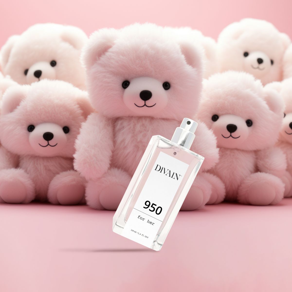 Perfume divain-950 surrounded by pink teddy bears