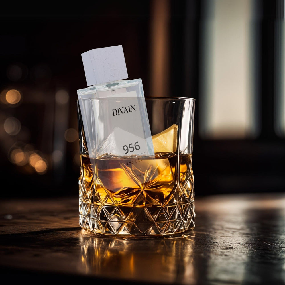 Perfume divain-956 dipped in a glass with a liquid that resembles whisky.