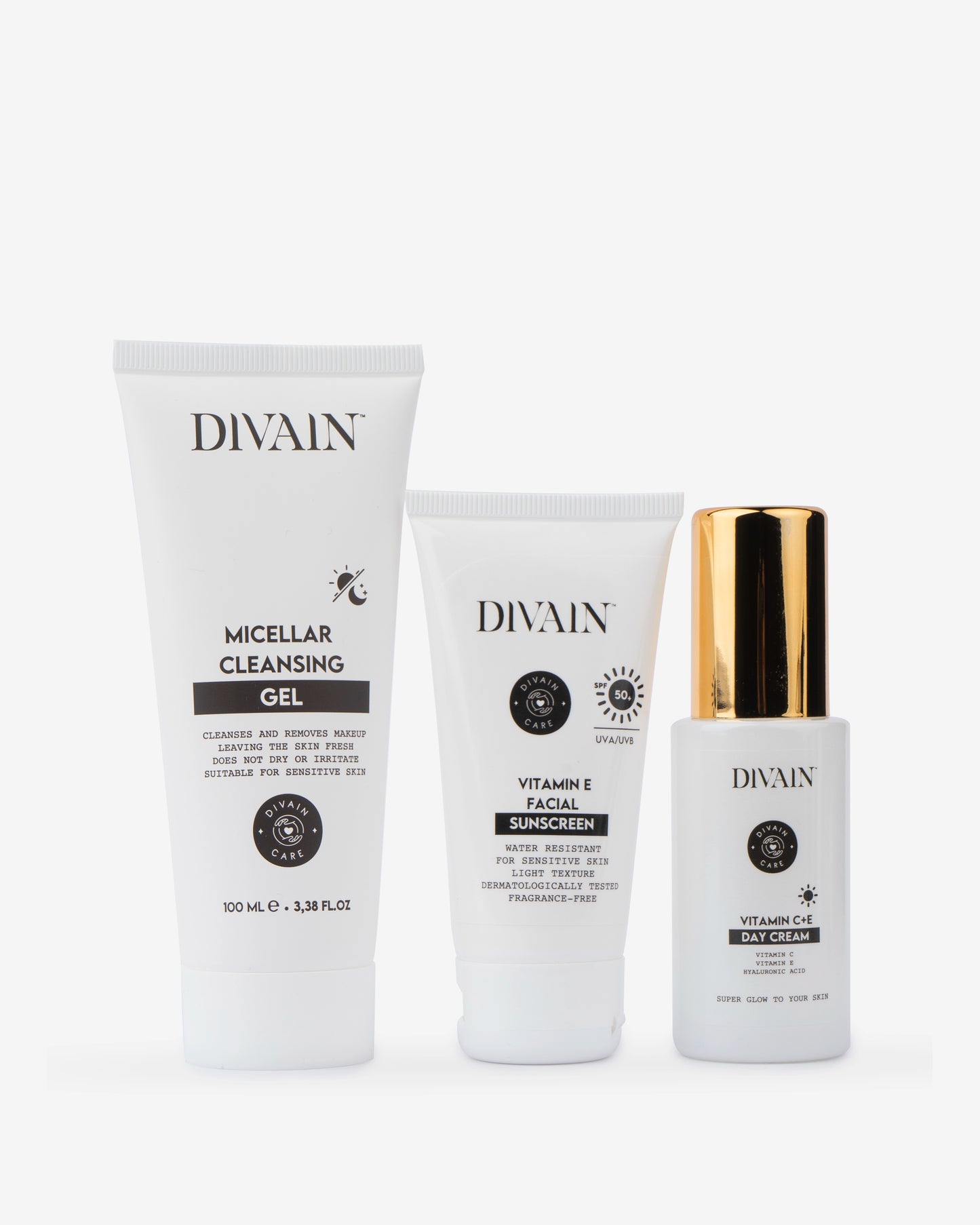 Facial day routine pack containing a micellar cleansing gel, a moisturising cream and a facial sunscreen.